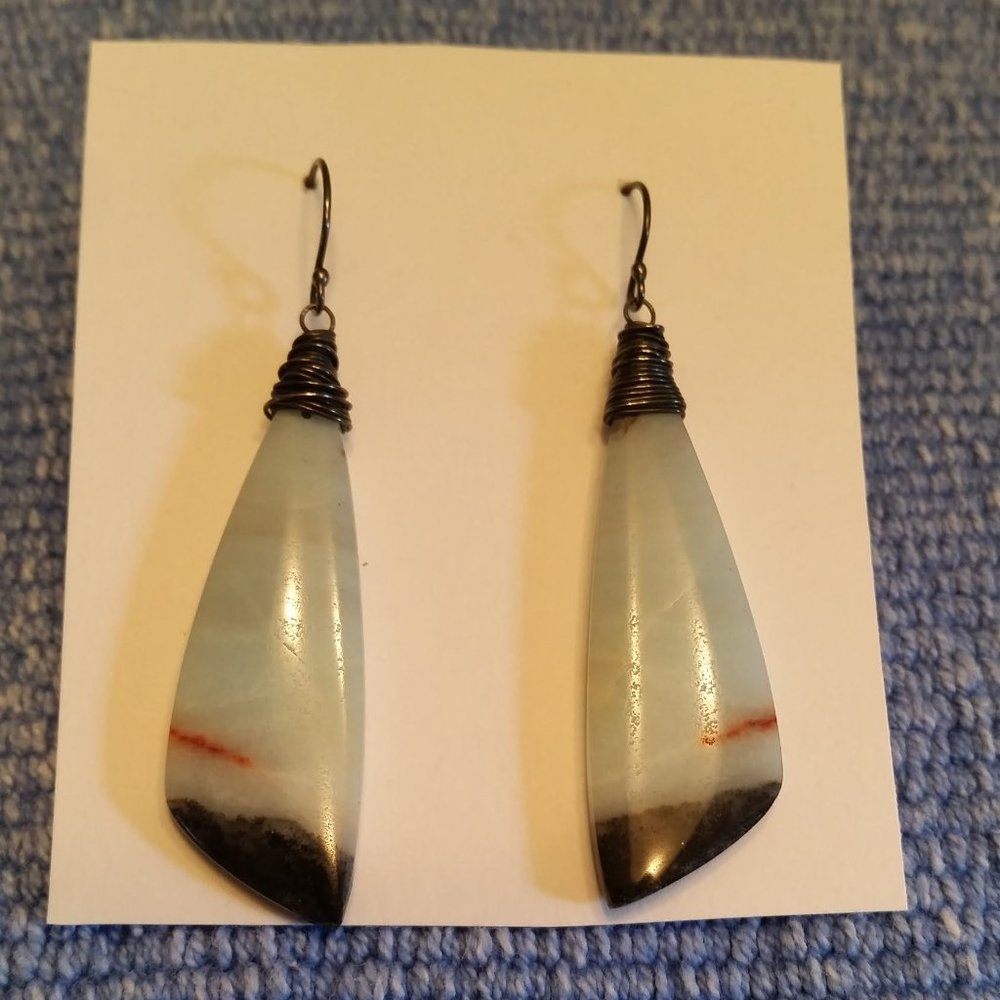 Hand Crafted Pale Green Soap Stone Hanging Earrings